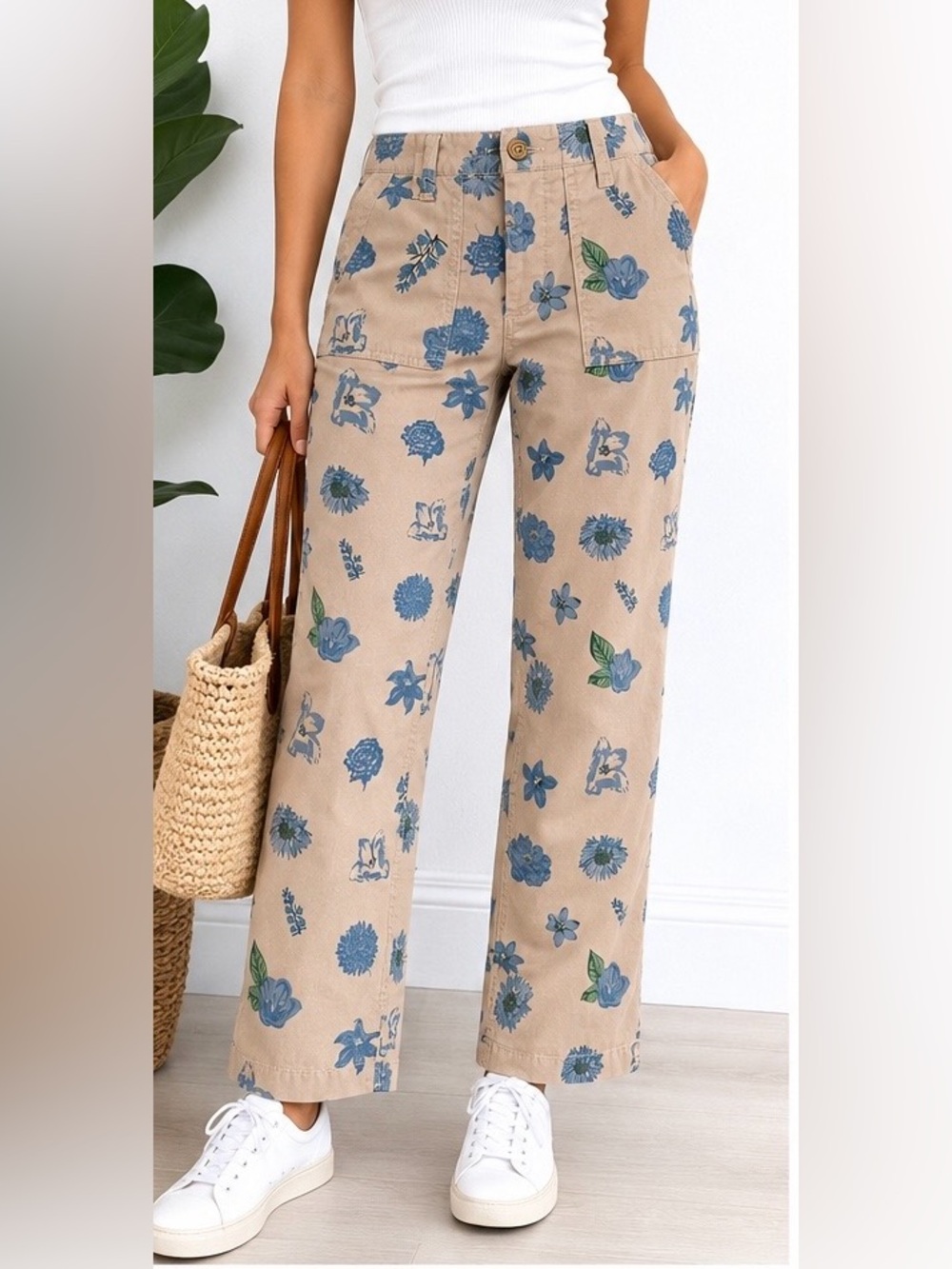 Lucky Brand Floral Utility Straight Leg Pants Size 25 Beige Blue